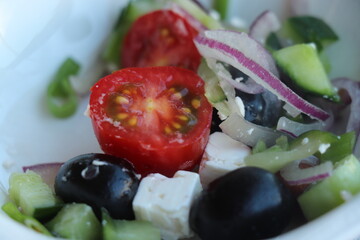 Mixed greek salad: cheese, onions and olives - 769239670