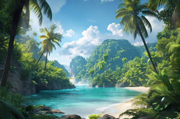 tropical beach with palm trees. Sunny summer day. Summer vacation and travel concept.tropical beach with palm trees. Sunny summer day. Summer vacation and travel concept.