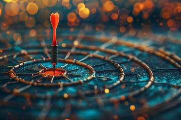 When a businessman points his arrow at a virtual target dartboard, the strategic method to reaching goals and hitting targets in the business world is visualized.