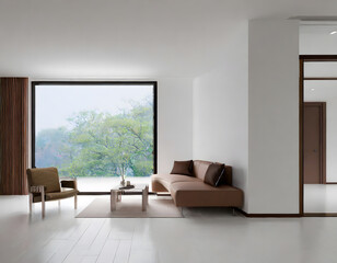 Fototapeta premium Minimal style Modern white living room with blank white wall for copy space 3d render. Generative AI.