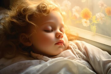 A young girl peacefully lies down next to a window, embracing the warm sunlight as she drifts off into a tranquil slumber. Generative AI