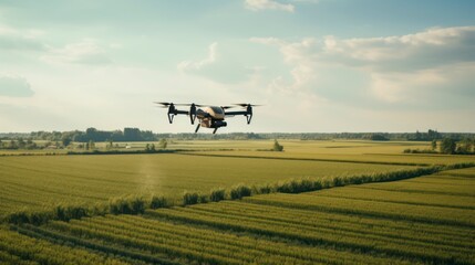 Drone with digital camera flying over agricultural field.