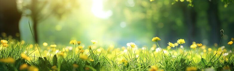 Summer and spring background concept. Beautiful meadow field with fresh grass and yellow dandelion flowers.