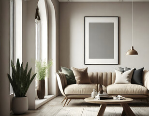 mock up poster frame in modern interior background, living room, Scandinavian style, 3D rend....
