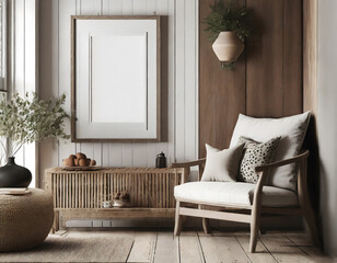 Mockup frame in farmhouse living room interior, 3d render. Generative AI.