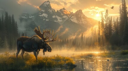 a moose is standing in the middle of a lake with mountains in the background - obrazy, fototapety, plakaty