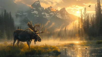 Fotobehang a moose is standing in the middle of a lake with mountains in the background © yuchen