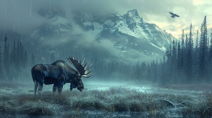 a moose is standing in a field with a mountain in the background