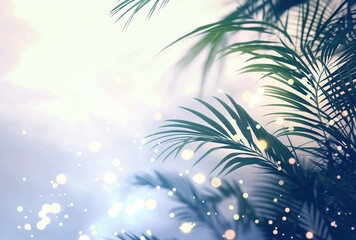 Summer vacation and travel concept. Palm leaf of tree at sides and empty space in the center. Blue...