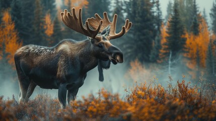 Majestic elk with massive antlers roams the dense forest