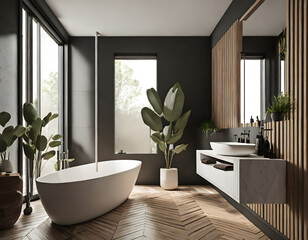 Modern bathroom interior with white bathtub and chic vanity, black walls, parquet floor. Generative AI.