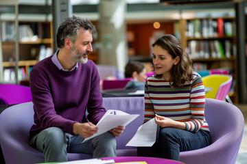Adult Students Collaborating in a Library