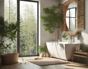 Modern bathroom interior with wooden decor in eco style. 3D Render. Generative AI.