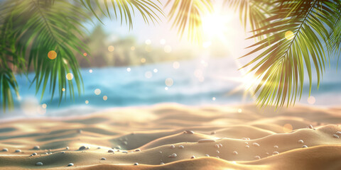 Summer vacation and travel concept. Palm trees both sides, sand and sea. Blurred (bokeh) back ground.