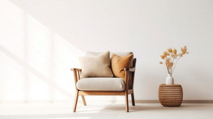 A chair in front of a plain wall. Copy space. Space for text - obrazy, fototapety, plakaty