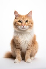 A cat sitting on white background looking at the camera.