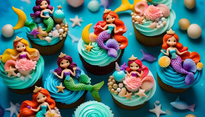 Mermaid themed cupcakes with blue frosting, and seashell decorations on a blue background - obrazy, fototapety, plakaty