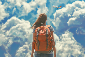 Female traveler with backpack is ready for new destination. 
Travel and vacation concept.