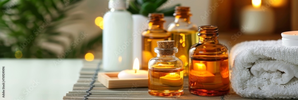 Poster aroma oil spa setup on grey table with white background and ample space for text placement