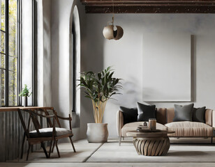 Modern industrial living room interior, wall mockup, 3d render. Generative AI.