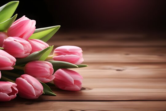 Pink Tulips on Wooden Table, Generative AI

