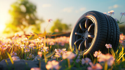 summer tires in the blooming spring in the sun - time for summer tires - obrazy, fototapety, plakaty