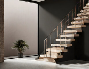 Modern interior design with staircase and empty black mock up wall background. 3D Rendering. Generative AI.