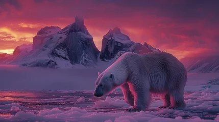Raamstickers Polar bear roams icy Arctic at sunset, under painted sky © yuchen