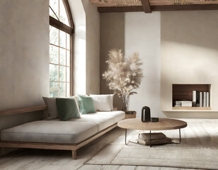 Modern interior japandi style design livingroom. Lighting and sunny scandinavian apartment. Generative AI.