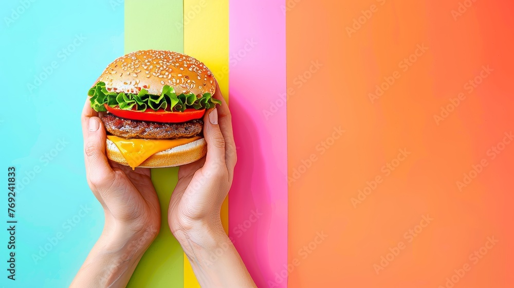 Poster hands holding burger on soft pastel background with ample space for text placement
