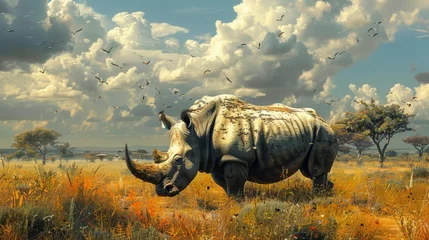 Ingelijste posters A rhinoceros stands in a grassy field under a cloudy sky © yuchen