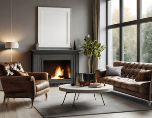 Modern living room interior mockup with leather sofa, armchair and fireplace, 3d rendering. Generative AI.