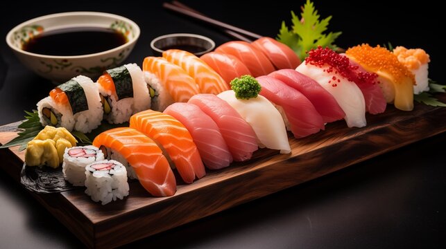 High-quality image of sushi and sashimi on a wooden board, professional photography