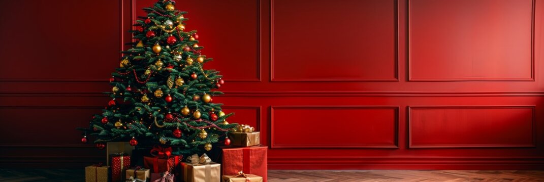 Festive christmas tree with golden ornaments and presents, red holiday background