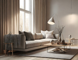 modern living room with sofa and lamp. scandinavian interior design furniture. 3d render . Generative AI.