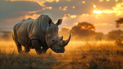 Fotobehang A Black rhinoceros grazes on grass in a field under the sunset sky © yuchen