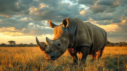 A Black rhinoceros stands in tall grass under a cloudy sky