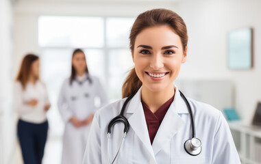Young female doctor on modern clinic background.