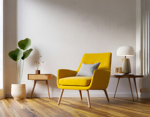 Modern mid century and minimalist interior of living room Yellow armchair with wood table. Generative AI.