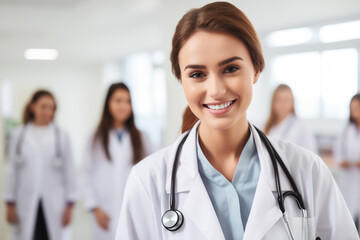 Young female doctor on modern clinic background.