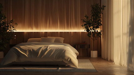luxurious bed room with warm theme in the night with dreamy light
