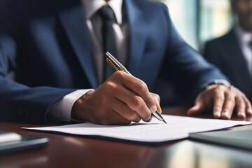 Man in a jacket signing a contract with a pen. Buying an apartment or car, signing an agreement