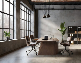 Modern office interior in loft, industrial style, 3d render. Generative AI.