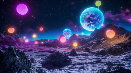 A serene lunar landscape with craters filled with glowing rainbow balloons, casting soft light across the barren terrain as Earth rises majestically in the sky above - obrazy, fototapety, plakaty