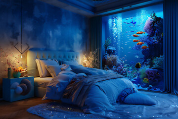 luxurious bed room with under the sea theme in the night with dreamy light