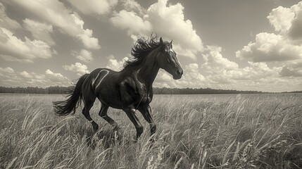A black and white photo of a horse running in a grassy field under a cloudy sky