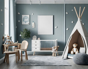 Nursery mockup, neutral unisex children room interior background, 3D render. Generative AI. - obrazy, fototapety, plakaty