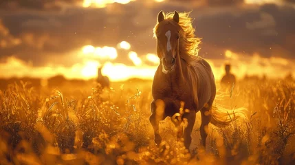 Foto op Plexiglas Sorrel horse galloping in ecoregion field at sunset, people in nature © yuchen