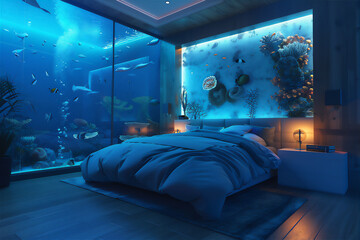 luxurious bed room with under water theme in the night with dreamy light