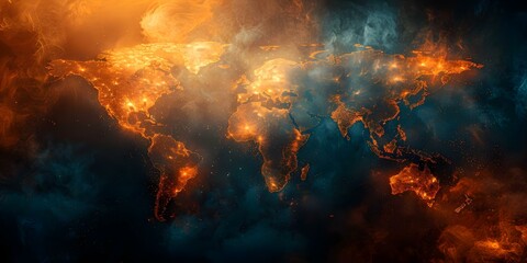 A world map showing military targets explosions and fire highlighting the danger of conflict between countries due to climate change. Concept - Military Targets, .- Explosions and Fire, .- Conflict